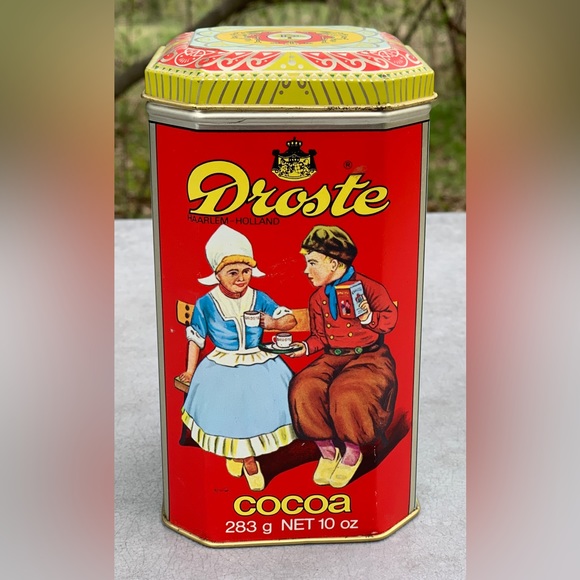 Vintage 10 oz DROSTE COCOA Hinge Lidded Tin Litho Illustrated Pantry Box - Picture 1 of 14